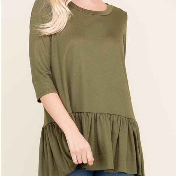Olive Drop waist Pleated 3/4 Sleeve Top - Picture 3 of 4